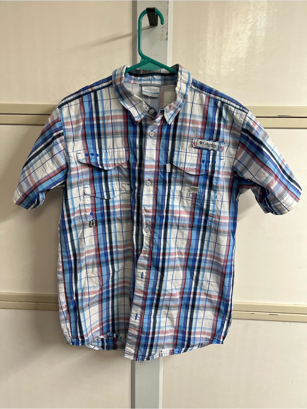 Columbia Men’s Short Sleeve Plaid Button-Down Shirt - Blue/White/Red